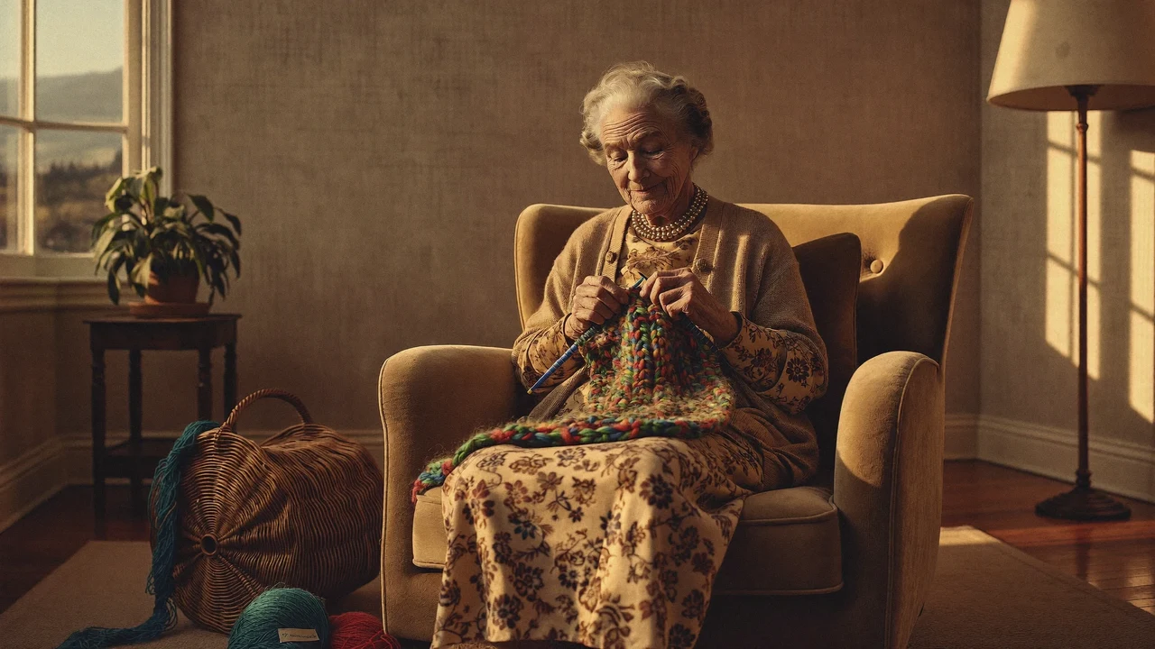 Ältere Dame strickt in einem sonnigen Wohnzimmer einen bunten Schal.